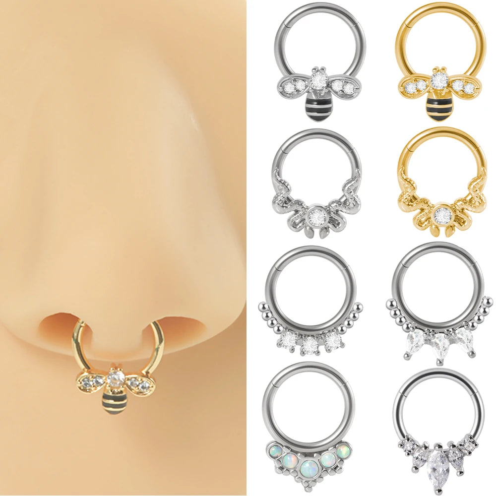 1PC Surgical Steel Zircon Septum Clicker Bee Snake Design Nose Rook Tragus Daith Cartilage Helix Earring Piercing Jewelry