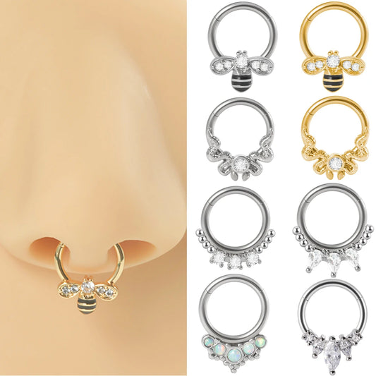 1PC Surgical Steel Zircon Septum Clicker Bee Snake Design Nose Rook Tragus Daith Cartilage Helix Earring Piercing Jewelry