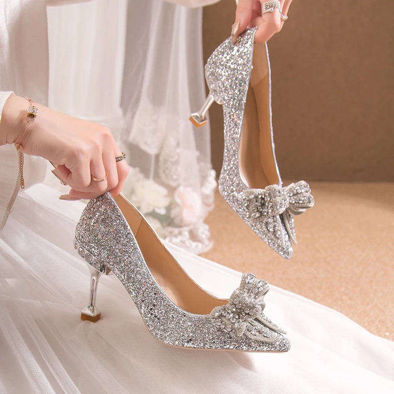 Women's Rhinestone Wedding Shoes New Year Shoes Luxury Buckle Decorative Banquet Women's Shoes High Heels Gold Silver Red