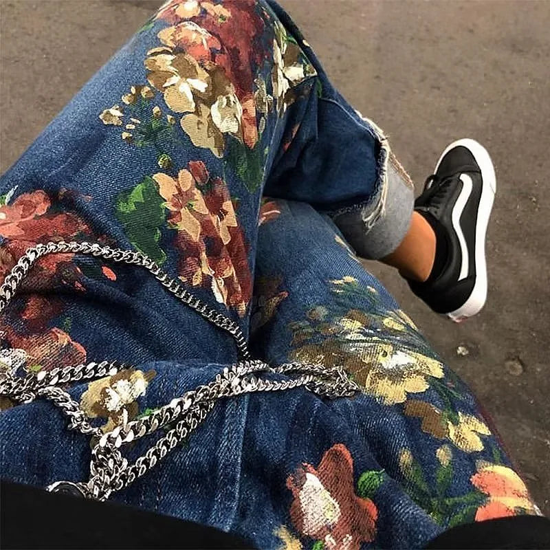 2023 Kanye Y2K Fashion Flowers Print Slim Hip Hop Jeans Pants For Men Clothing Skateboard Streetwear New Rock Denim Trousers