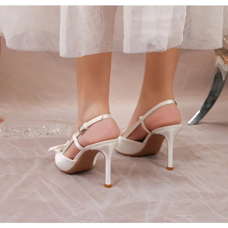 Women Pumps White Wedding Shoes Bride Luxury Satin Butterfly-knot Pointed Toe Adjustable Slingback Heels Elegant Women Heels