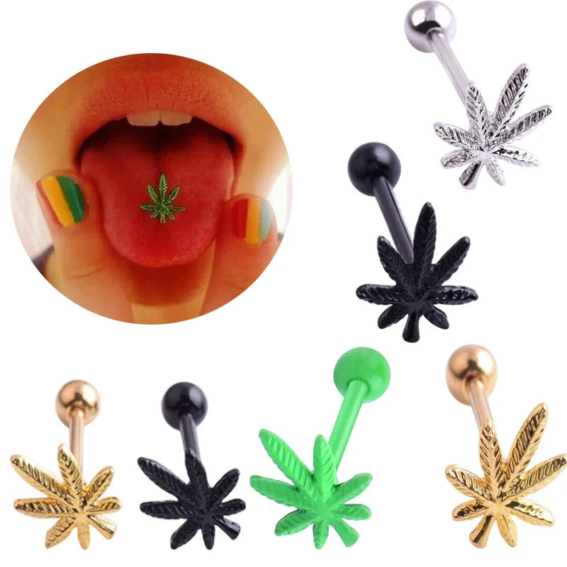 Leaves Weed Tongue Piercing Jewelry Surgical Steel Barbell Lingual Stud Piercing Leaf Tongue Ring Stud Helix Piercing