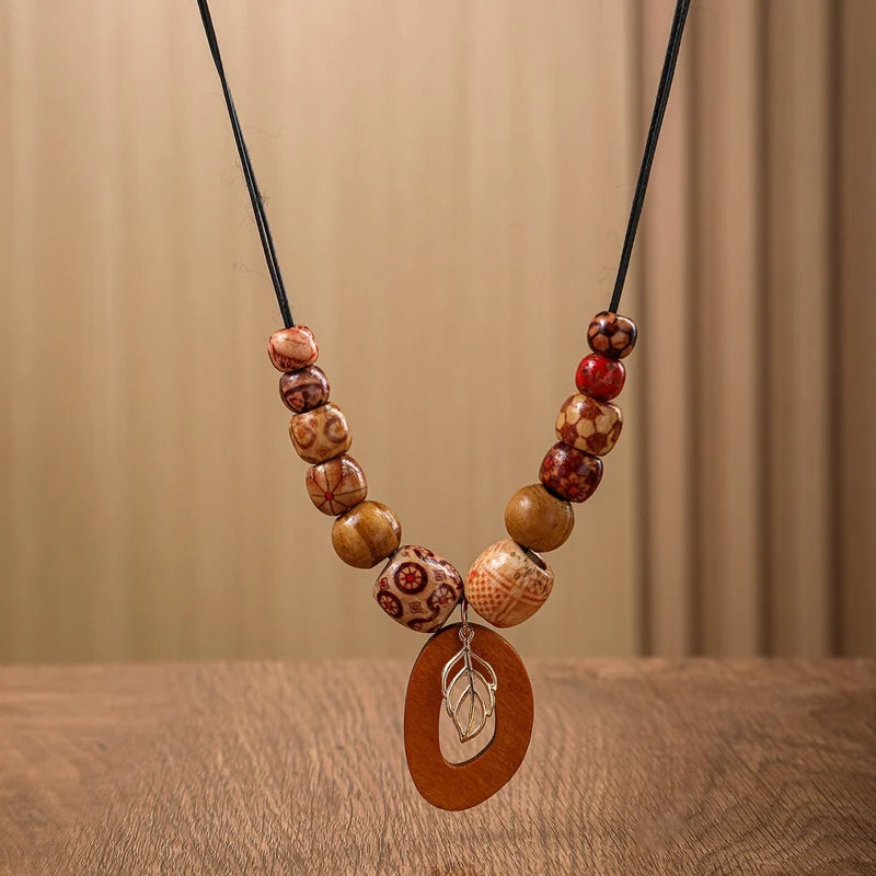 Vintage Wood Beads Handmade Women's Pendants Necklaces Ethnic Beaded Long Chain Sweater Necklace for Women Daily Wear Jewelry