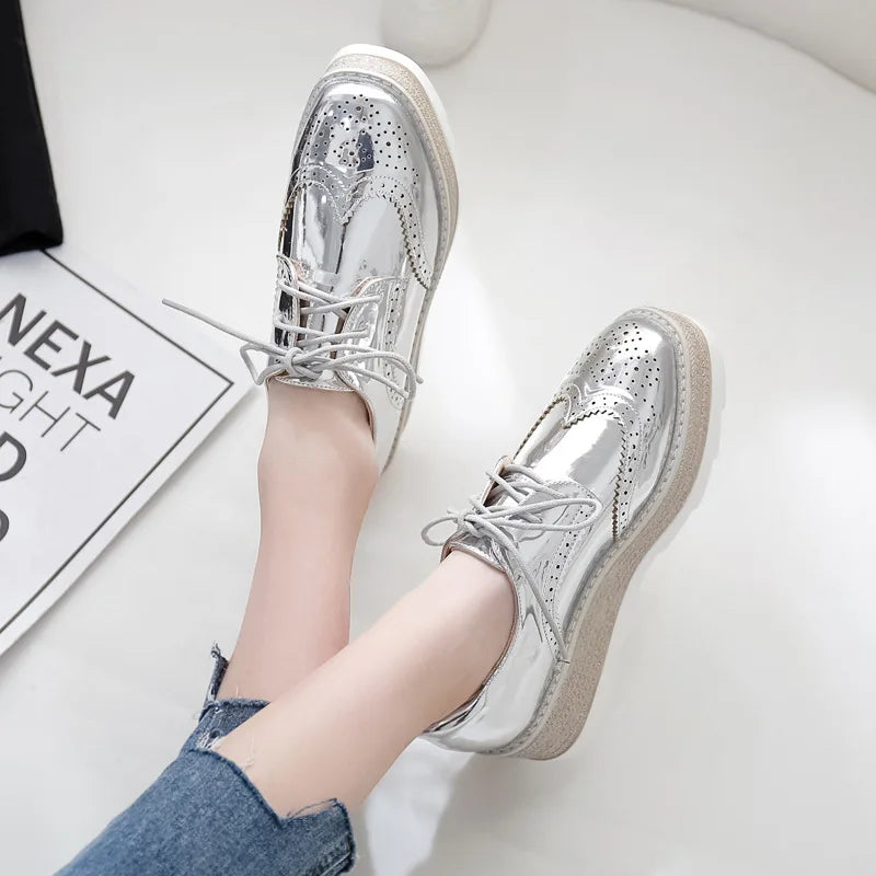 British glitter platform brogue shoes woman straw pattern espadrilles single muffins shoes retro bullock flats women creepers