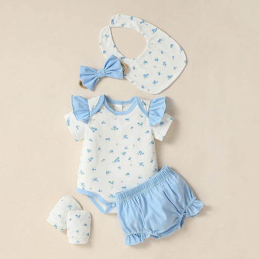 Girls Baby short Sleeve Printing Flower Cute For Daily BodySuit  +Bow headwear+Bib+Gloves