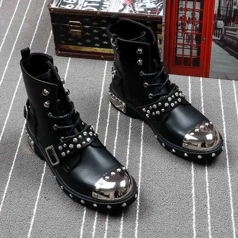 Spring and Autumnmen's Leather Boots Punk Style Rivet Metal Motorcycle Fashion High Top Short Men Boots Genuine Leather