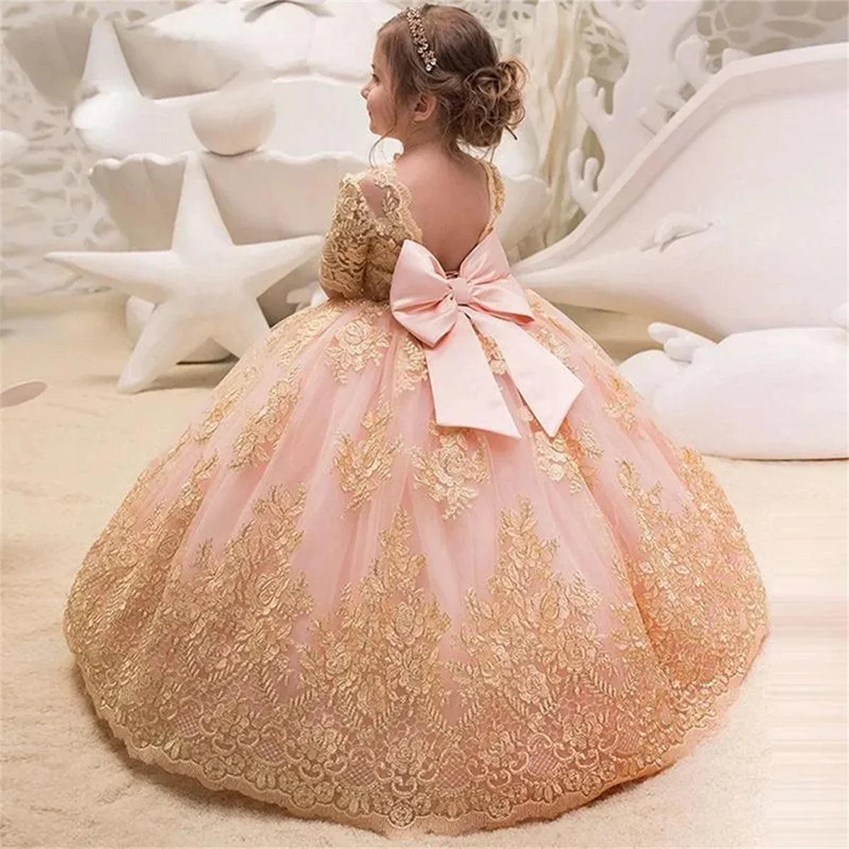 Gorgeous Pink Flower Girl Dresses Bow Long Tulle Gold Appliques Princess Wedding Birthday Party Dress Child Pageant Ball Gowns