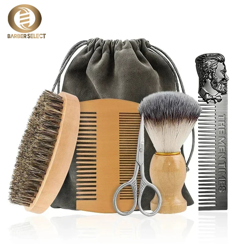 Boar Bristle Wood Beard Brush Kits With Gift Bag Professional Soft Hairdresser Shaving Brush Comb Set Men Mustache Combs