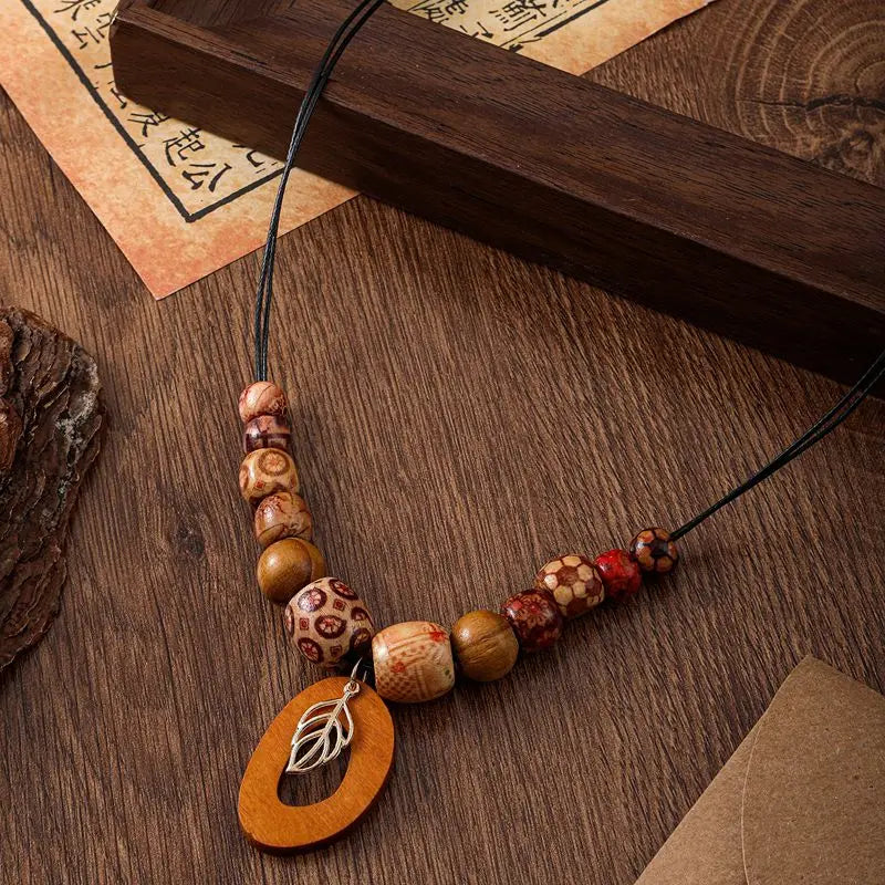 Vintage Wood Beads Handmade Women's Pendants Necklaces Ethnic Beaded Long Chain Sweater Necklace for Women Daily Wear Jewelry