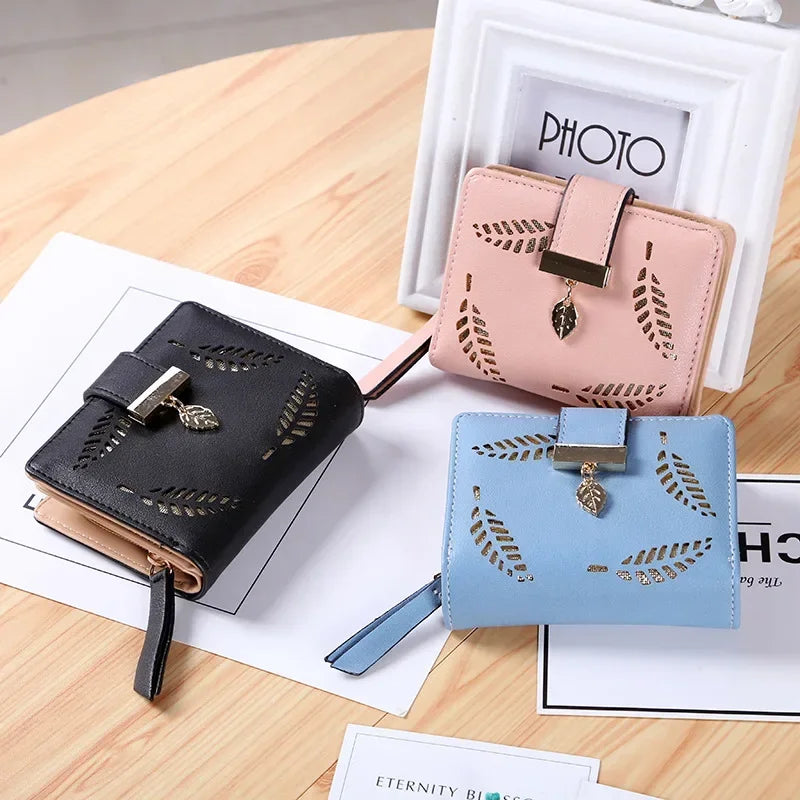 Fashion Women's Purse Short Zipper Wallet Women Leather 2024 Luxury Brand Small Women Wallets Clutch Bag with Hollow Out Leaves