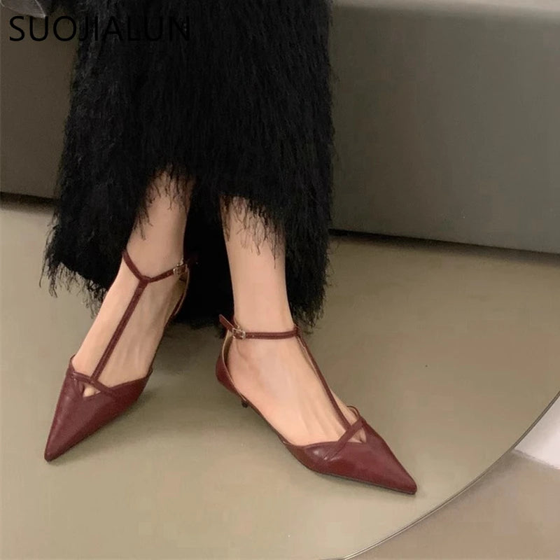 SUOJIALUN Spring New Women Sandal Fashion Pointed Toe Shallow Ladies Elegant Slingback Shoes Thin Low Heel Outdoor Dress Pumps