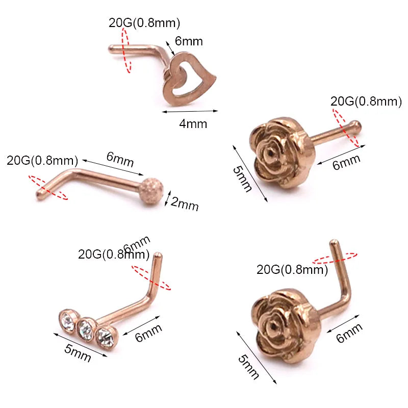 1Pc Rose Gold hotsale bodyjewelry 0.8x7mm nose ring hoop Body Jewelry Rhinestone Small Heart nosering Body Piercing