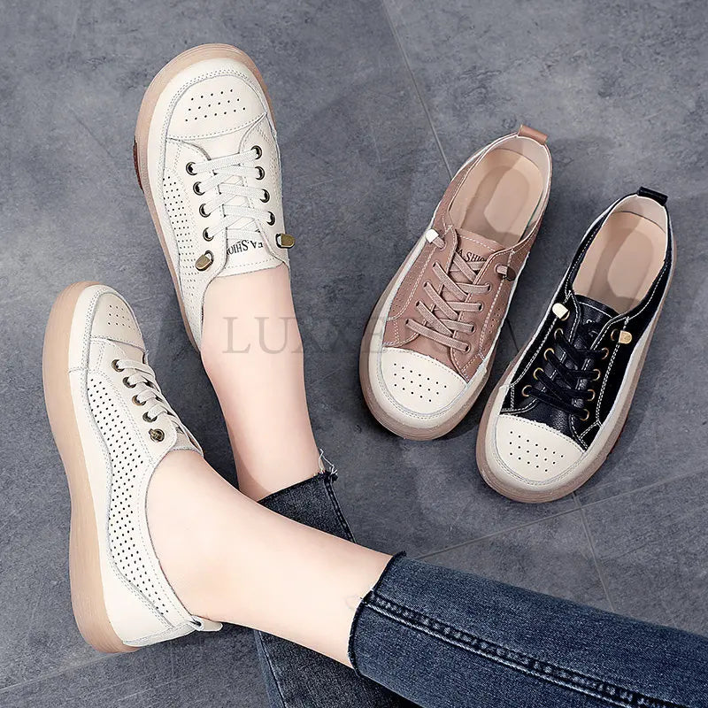 Women Flat Shoes Summer Breathable Cutout Casual Shoes Ladies Soft Bottom Genuine Leather Flats White Shoes Woman