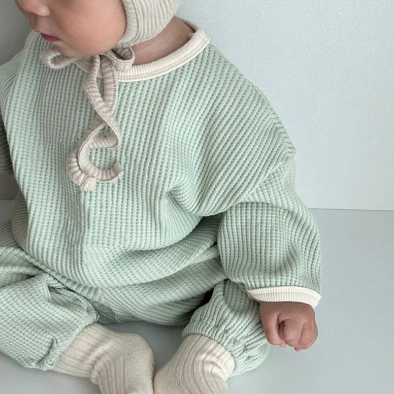 2023 Korean Spring and Autumn Baby Set Cotton Waffle Panel Top Pullover Set Solid Color Loose Elastic Infant/Toddler Sports Set