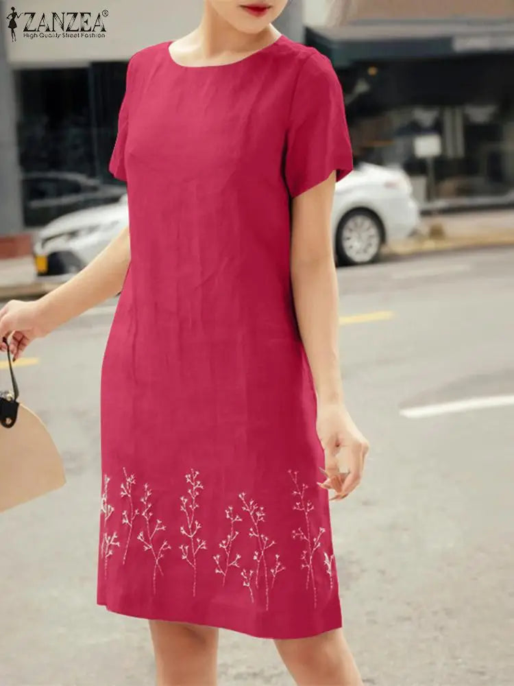 ZANZEA Summer Fashion Floral Embroidery Dress Women O Neck Short Sleeve Sundress Robe Femme Elegant Work Knee Length Vestidos