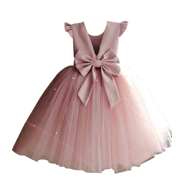 Elegant Short Pink Toddler Flower Girl Dresses Birthday Tulle Sleeveless Bow Pearls Princess Wedding Party Gown for Kids Baby