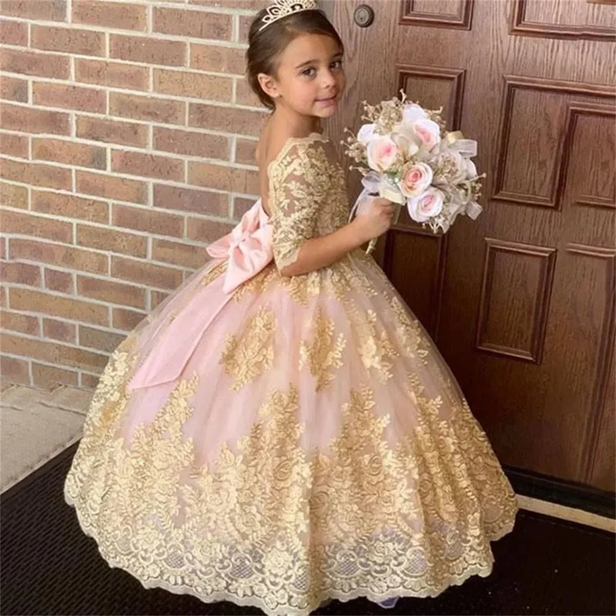 Gorgeous Pink Flower Girl Dresses Bow Long Tulle Gold Appliques Princess Wedding Birthday Party Dress Child Pageant Ball Gowns