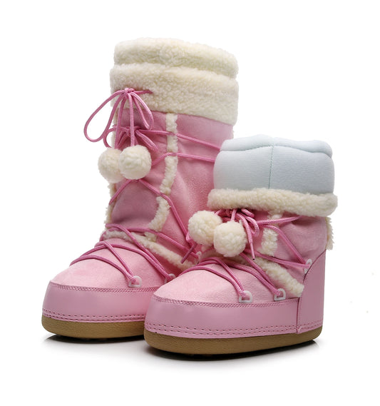 Free Ship Women Snow Boots Warm Plush Comfortable Platform Shoes Lady Lace-up Mid-Calf Pink Boots Non-slip Winter Shoes Booties