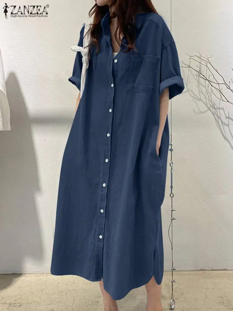 ZANZEA Elegant Solid Sundress Casual Denim Dress Woman Fashion Work OL Vestidos Short Sleeve Lapel Neck Shirtdress Oversized