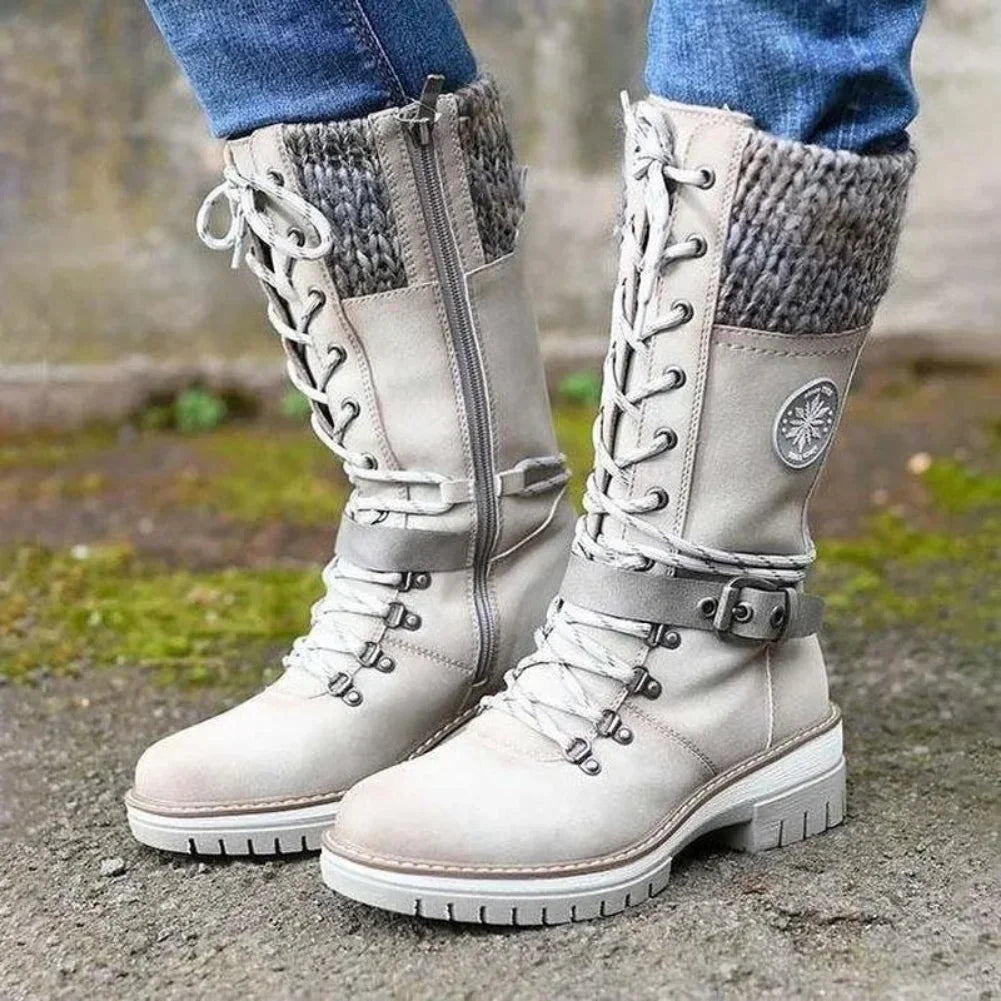 High-quality Winter Warm Boots Women's Winter Side-pull Lace-up Knitted Mid-tube Boots Low-heeled Round-toe Boots Botas De Mujer