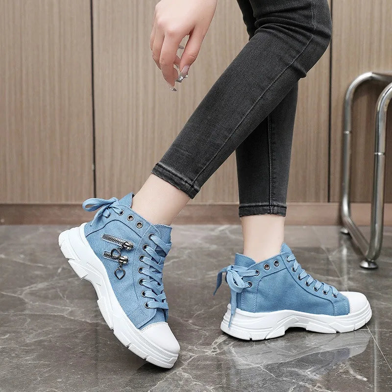 New Canvas High-top Women Shoes 2024 Spring Breathable Denim Sneakers Women Summer Thick Bottom Heightening Sports Casual Shoes