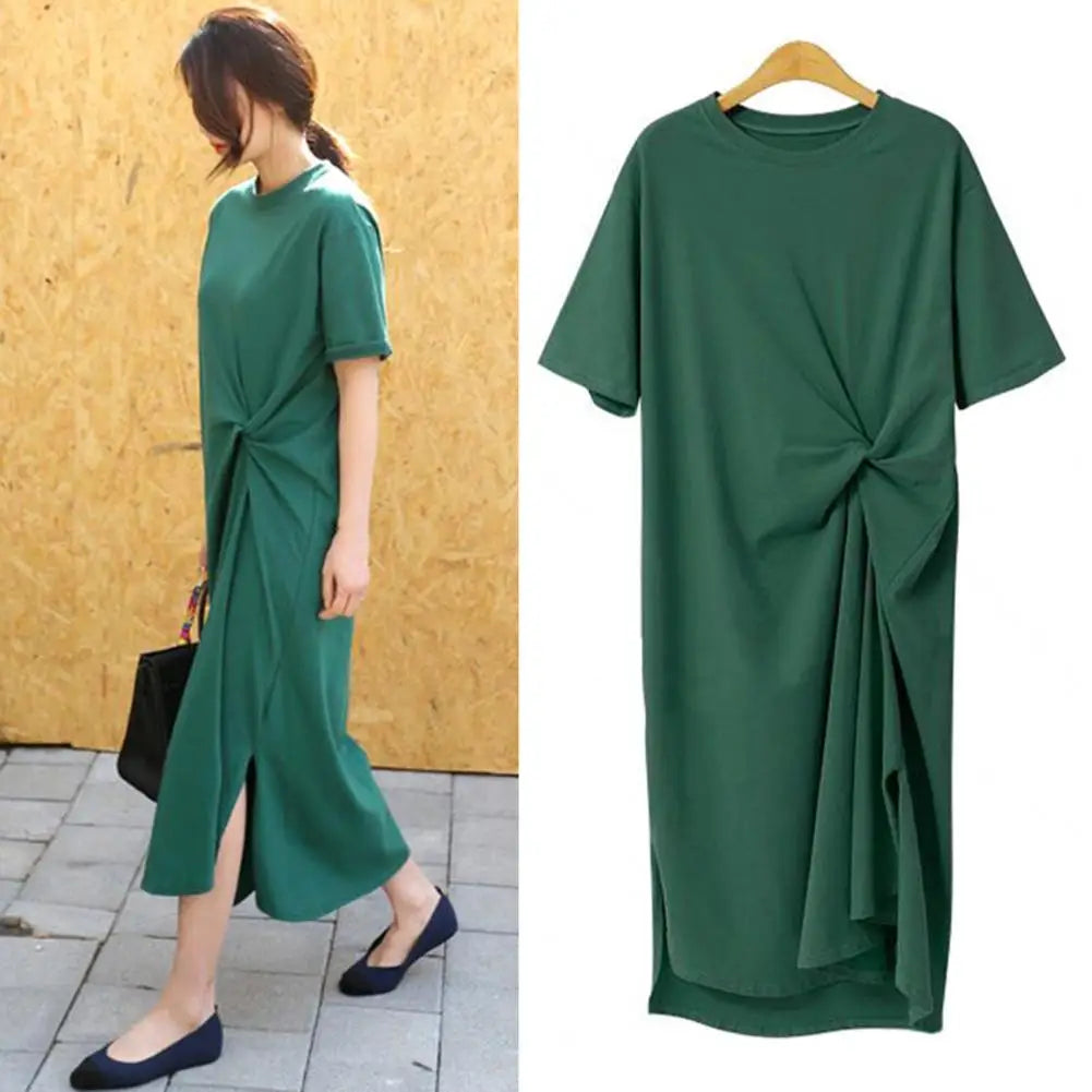 Women Summer Midi Dress Elegant O-neck Ruched Midi Dress for Women Short Sleeve Knot Design Work Dress with Side for Summer