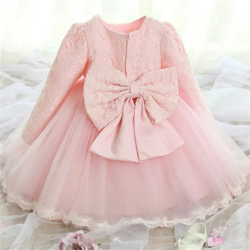 Long Sleeve Dress for Baby Girl Wedding New Year Party Lace Bow Kids Xmas Dresses Infant 1st Pink Birthday Princess Baptism Gown