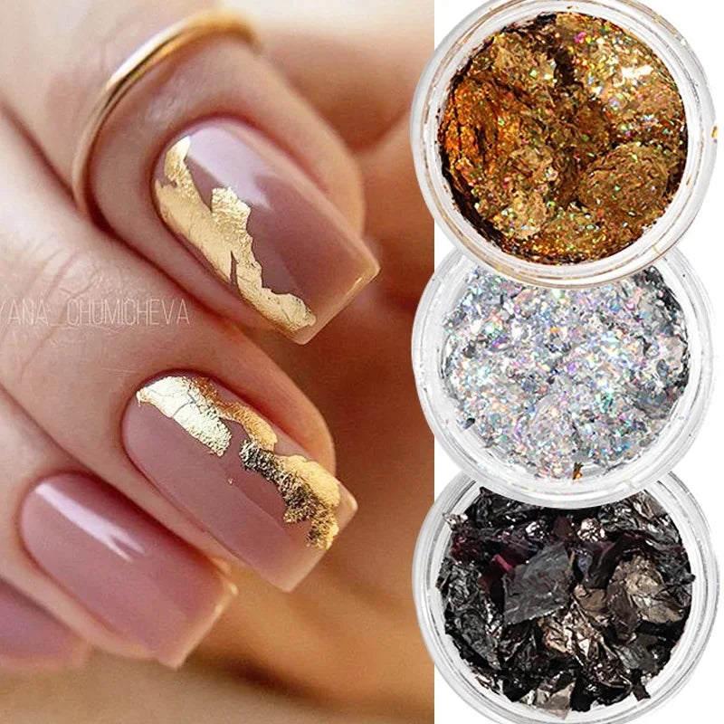 Aluminum Foil Sequins For Nail Gold Silver Glitter Irregular Flake UV Gel Polish Paillette Chrome Powder Manicure Summer Decorat