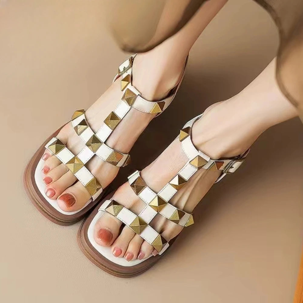 2024 Fashion Summer Women High Heels Sandals Rivet Roman Wedge Open Toe Sandals Chunky Heel Outdoor Beach Casual Women's Sandals