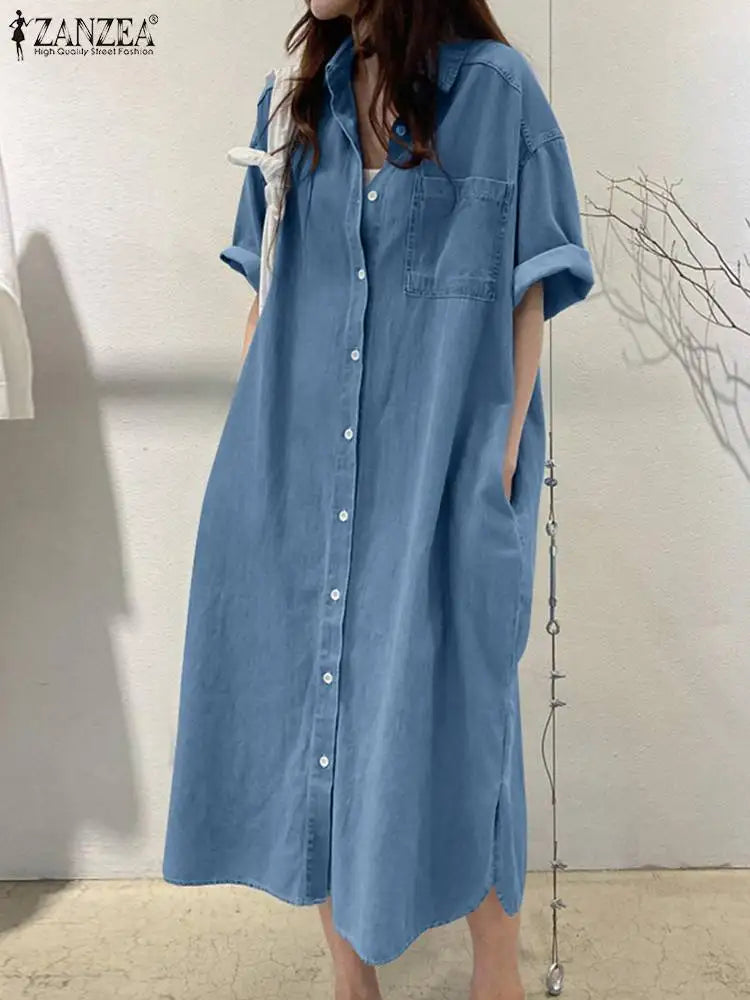 ZANZEA Elegant Solid Sundress Casual Denim Dress Woman Fashion Work OL Vestidos Short Sleeve Lapel Neck Shirtdress Oversized