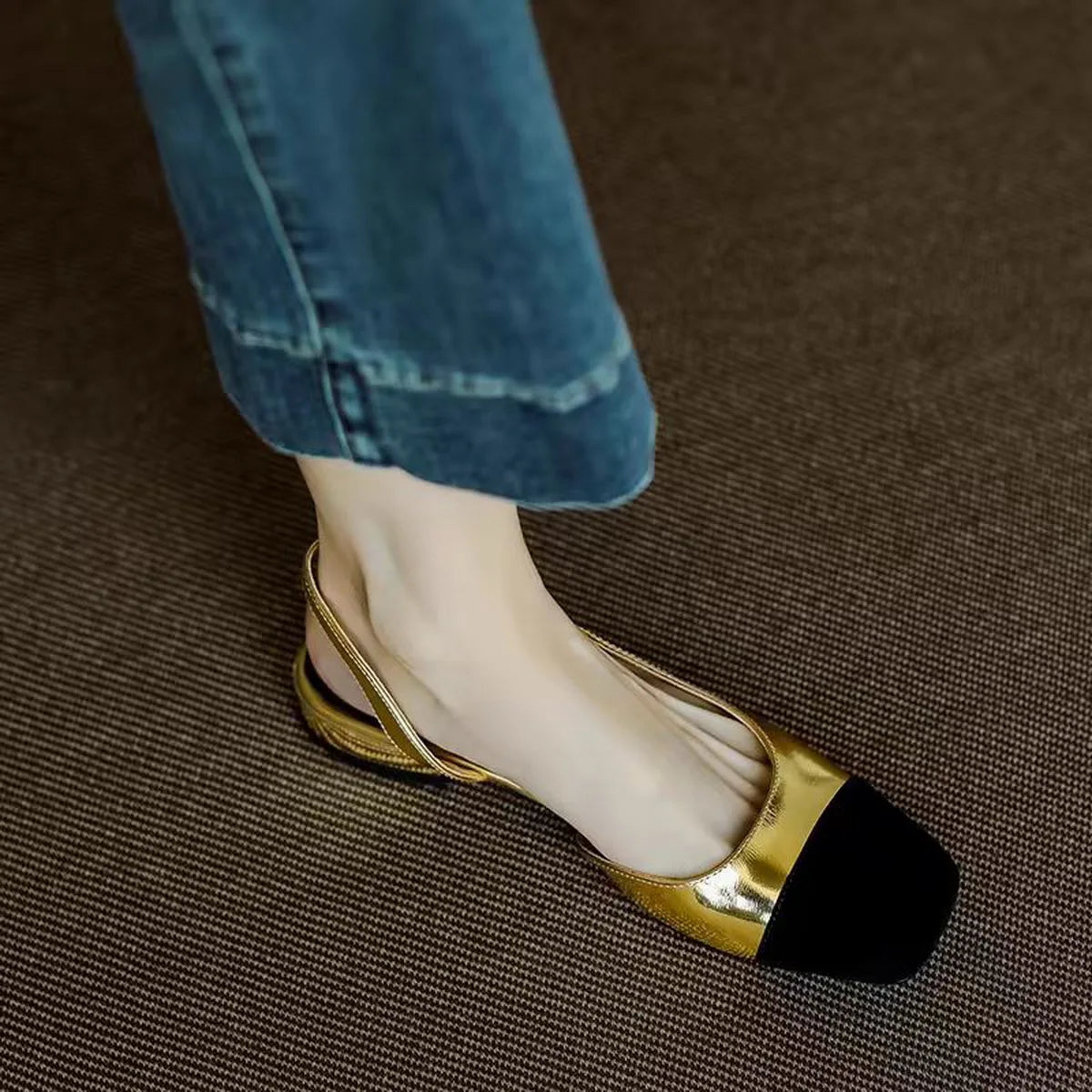 French 2024 Summer New Mixed Colors Sandals Women's Baotou Slip-On Low-heeled Slingback Roman Flat Shoes Gold Silver