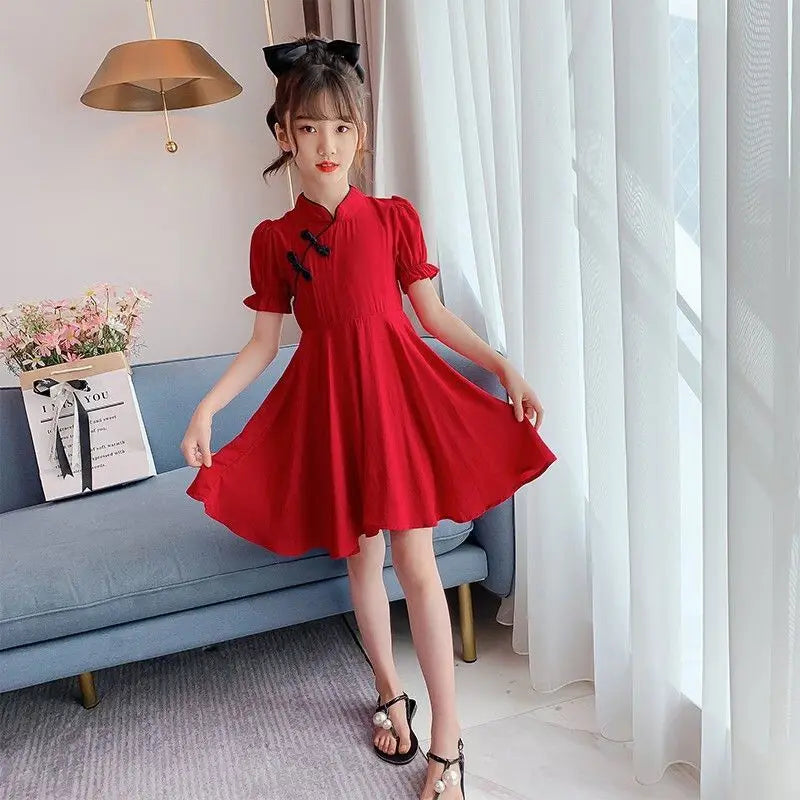 2024 summer Kids Girls solid chinese red Cheongsam Qipao Princess Teenager New Year Dresses Clothing 4 7 8 9 10 12 14 Years