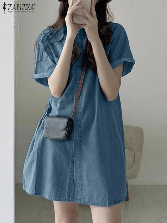 ZANZEA Summer Women Jeans Dress Vintage Short Sleeve Denim Sundress Causal Shirt Vestidos Retro Lapel Kaftan Loose Work Dresses