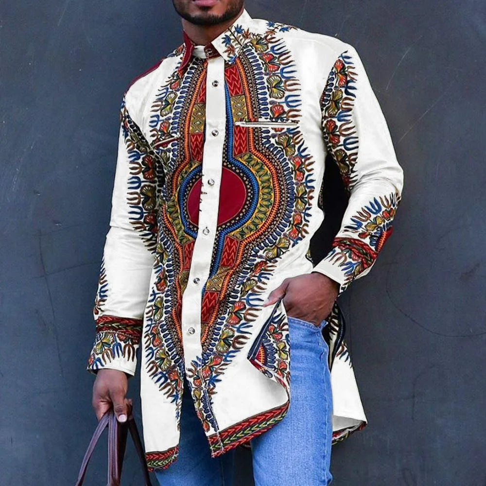 Dashiki African Men's Clothing Ethnic Print Plus Size Tops Wedding Wear Classic Men's Long Sleeve Shirts Traditional Casual Tee