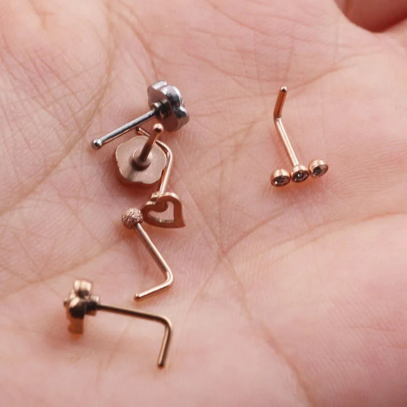 1Pc Rose Gold hotsale bodyjewelry 0.8x7mm nose ring hoop Body Jewelry Rhinestone Small Heart nosering Body Piercing