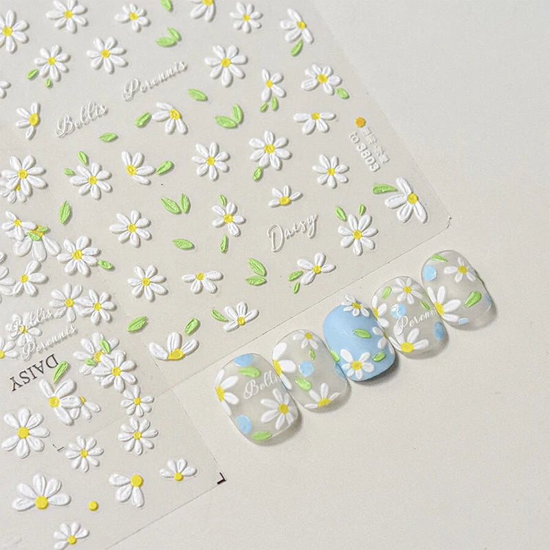 1pc Embossed White Daisy Flower nail Sticker 3D Spring Summer self-adhesive slider Nail Art Decoration Manicure DIY Decals