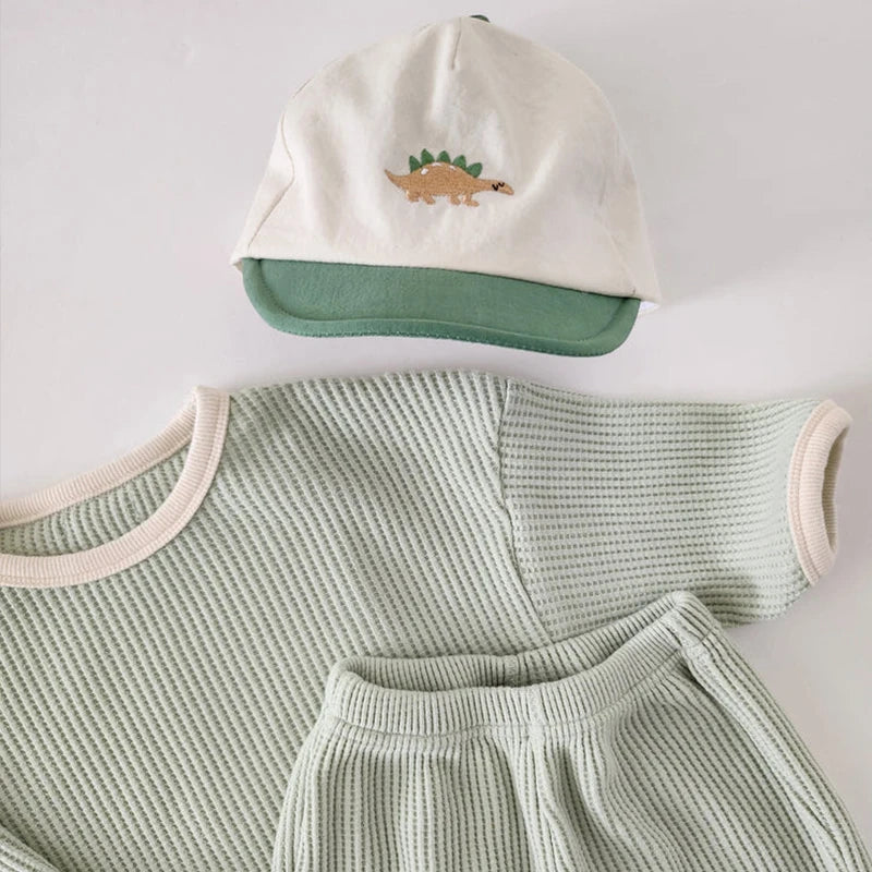 2023 Korean Spring and Autumn Baby Set Cotton Waffle Panel Top Pullover Set Solid Color Loose Elastic Infant/Toddler Sports Set