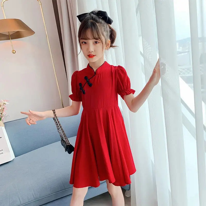 2024 summer Kids Girls solid chinese red Cheongsam Qipao Princess Teenager New Year Dresses Clothing 4 7 8 9 10 12 14 Years