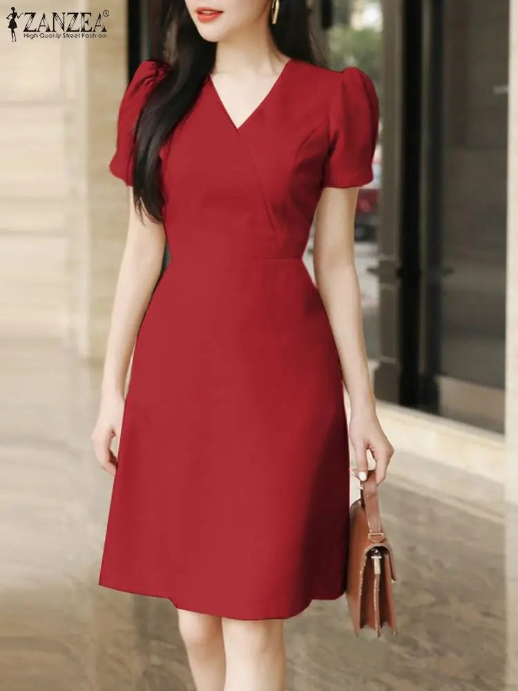 Women Fashion Sundress 2024 ZANZEA Casual Work Party Vestido Robe Femme Summer Elegant V Neck Short Sleeve OL Knee-length Dress