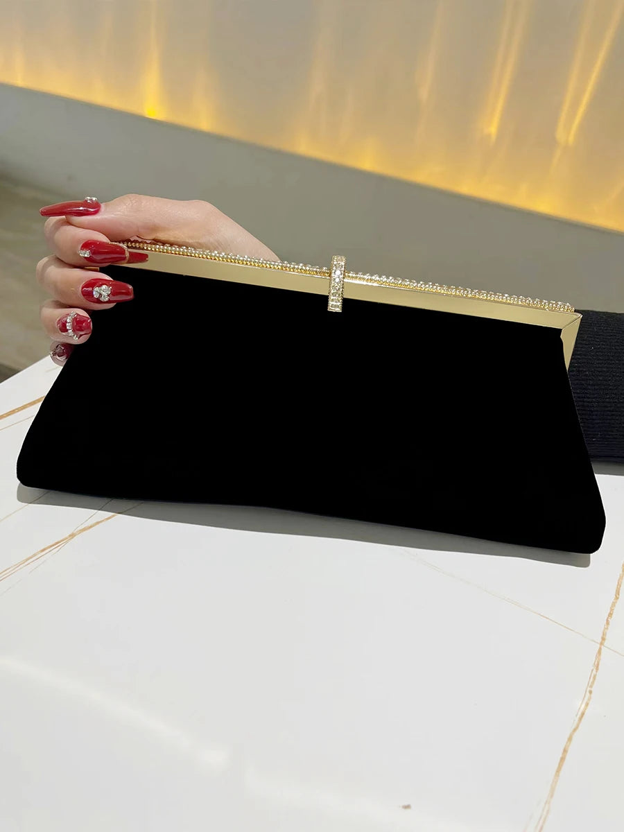 Black Velvet Dinner Clutch Wedding Party Handbag Annual Meeting Small Bag With Formal Purse Single Shoulder Fashion Evening Bag