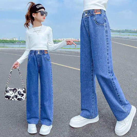 2024 New Children Jeans Girls Wide-leg Pants Kids LooseTrousers Baby Straight Denim Pants Spring Autumn 4 To12 Year