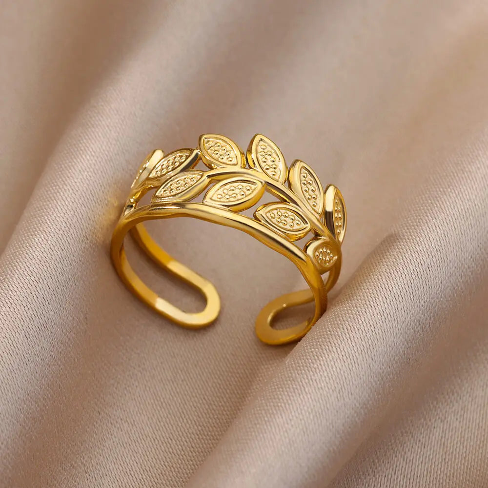 Exquisite Stainless Steel Tree Branch Leaves Rings For Women Men Open Gold Color Leaf Ring Wedding Aesthetic Jewelry Party Gift