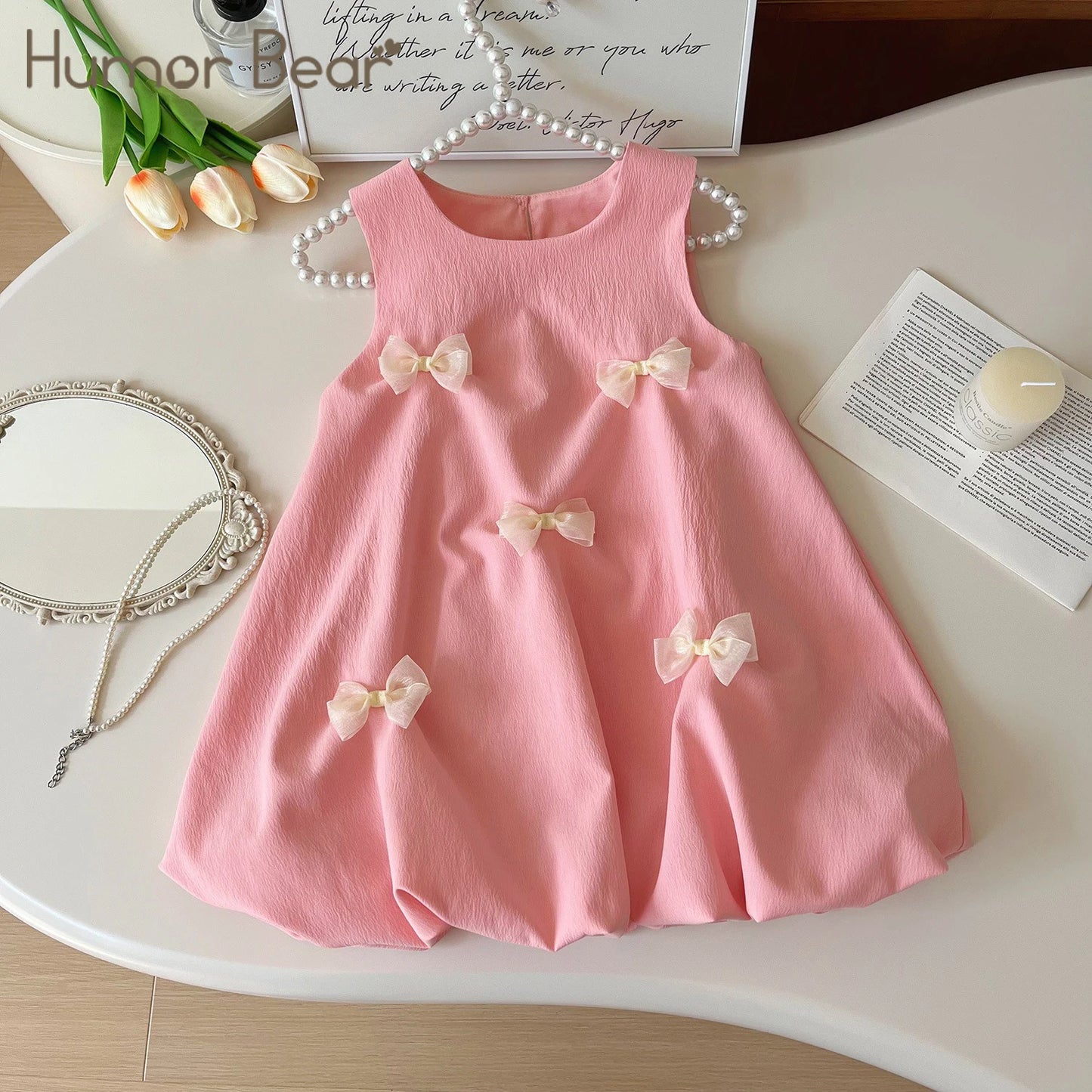 Humor Bear Summer New Sweet Girls Bow Decorative Sleeveless Vest Fluffy Pod Dress Children's Clothing