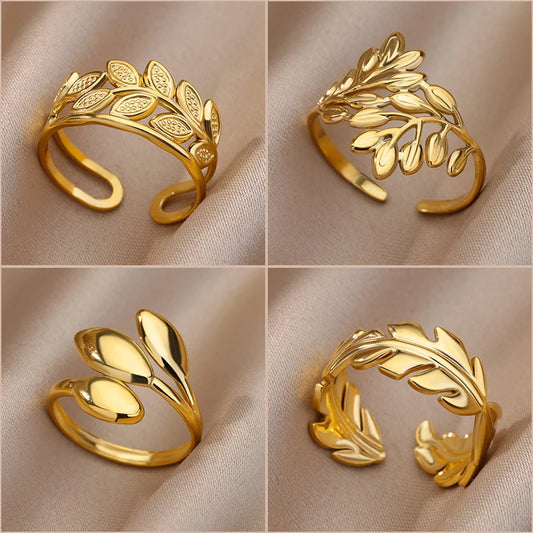 Exquisite Stainless Steel Tree Branch Leaves Rings For Women Men Open Gold Color Leaf Ring Wedding Aesthetic Jewelry Party Gift