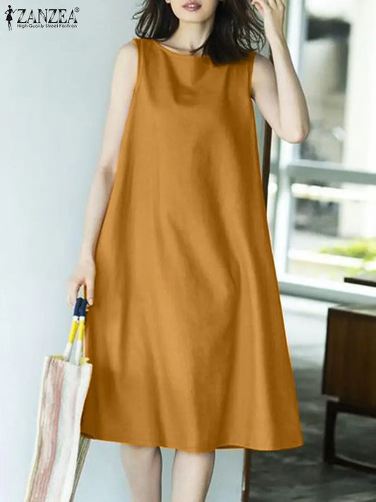 Fashion Summer O Neck Sleeveless Dress ZANZEA Women Casual Loose Sundress Solid Tanks Robe Vestidos Elegant Work Party Dresses