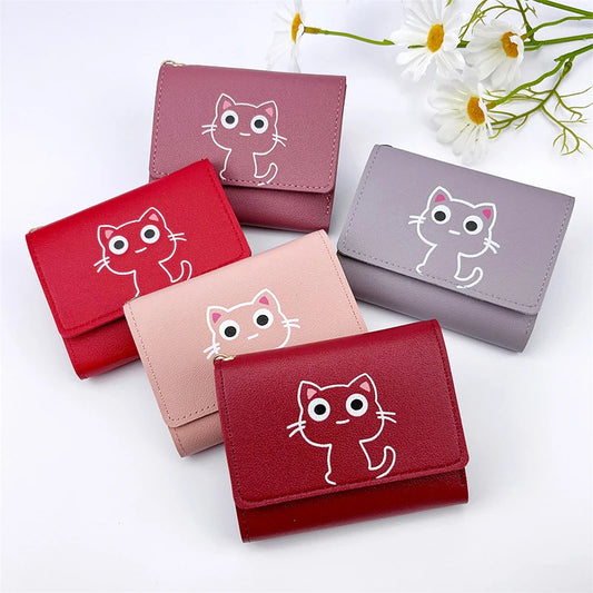 Women Wallet Cute Cat Short Wallet Leather Small Purse Multi Card Holder Money Bag