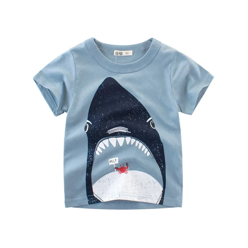 2-9 Years Boys T-Shirt Cartoon Animals Baby Kids Children Cotton Short Sleeves Summer Clothing Car Dinosaur Shark Printing