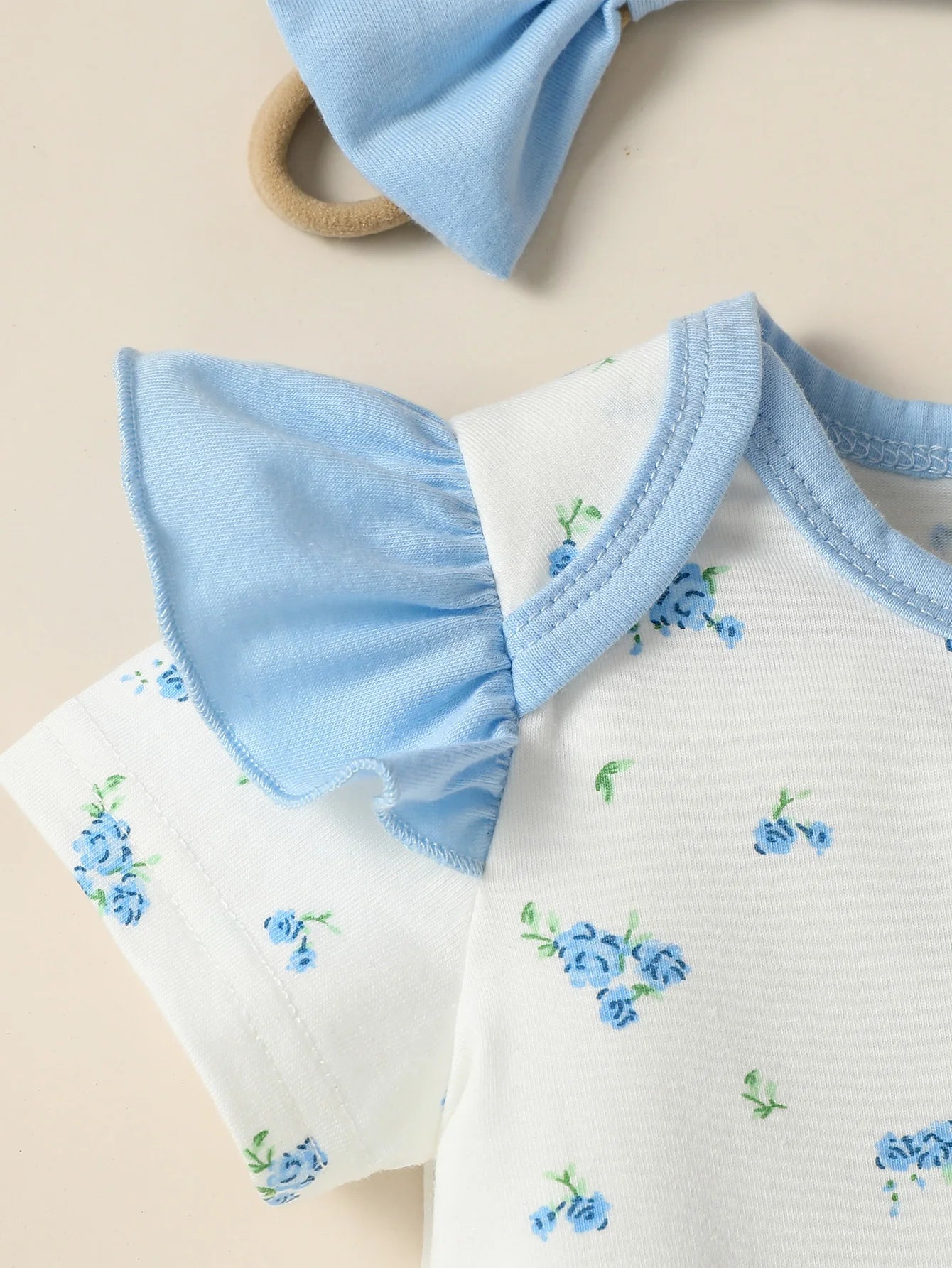 Girls Baby short Sleeve Printing Flower Cute For Daily BodySuit  +Bow headwear+Bib+Gloves