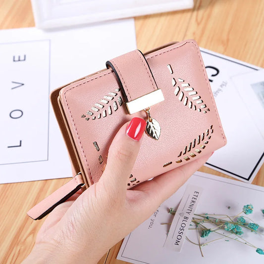 Fashion Women's Purse Short Zipper Wallet Women Leather 2024 Luxury Brand Small Women Wallets Clutch Bag with Hollow Out Leaves