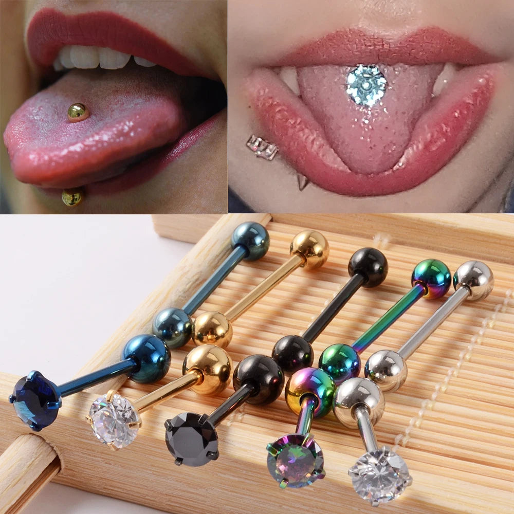 2PCS Anti-Allergy Surgical Steel  Prong Zircon Tongue Barbell Piercings Ball Tongue Barbell Rings Fashion Piercing Jewelry